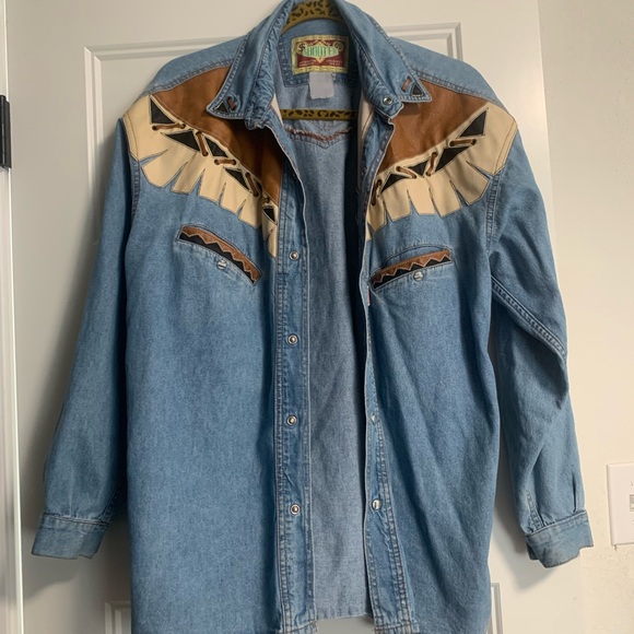 shooter Tops - Vintage shooter denim and leather pearl snap